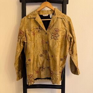 Vintage 90s Laura Ashley Silk Button-Up Top‎ Floral Embroidered Gold Blouse